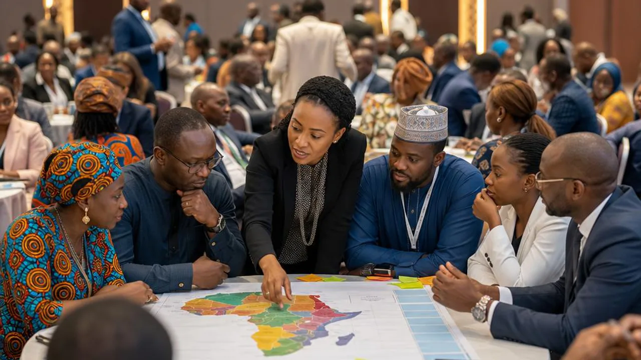 Leaders collaborating around a table during a summit workshop in Africa