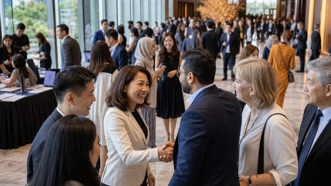 Delegates arriving and networking at a summit registration area in East and Southeast Asia