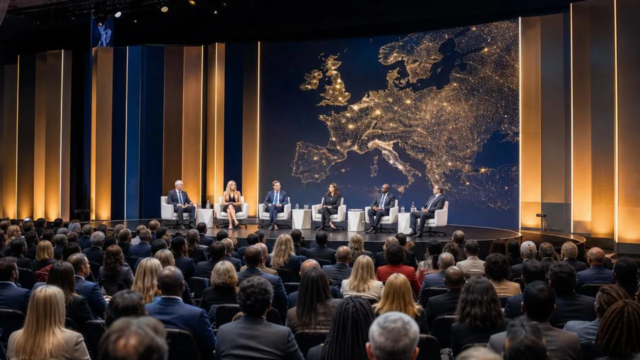 Leadership summit panel in Europe with a full audience and illuminated map of the region
