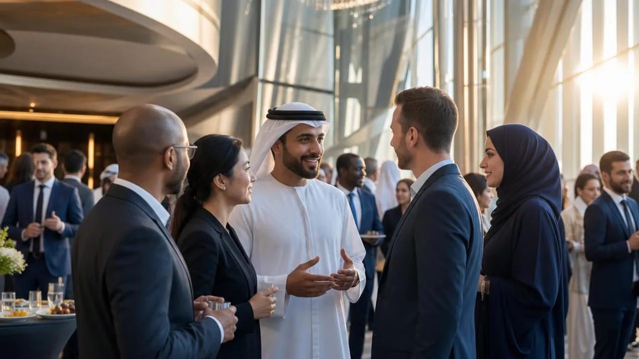 Global leaders networking between summit sessions in the Middle East