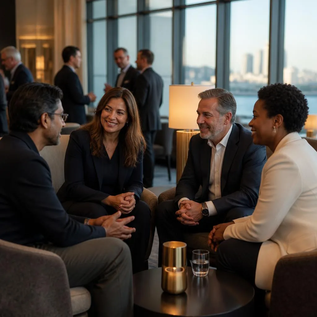 Four senior leaders having a relaxed conversation in a private waterfront lounge