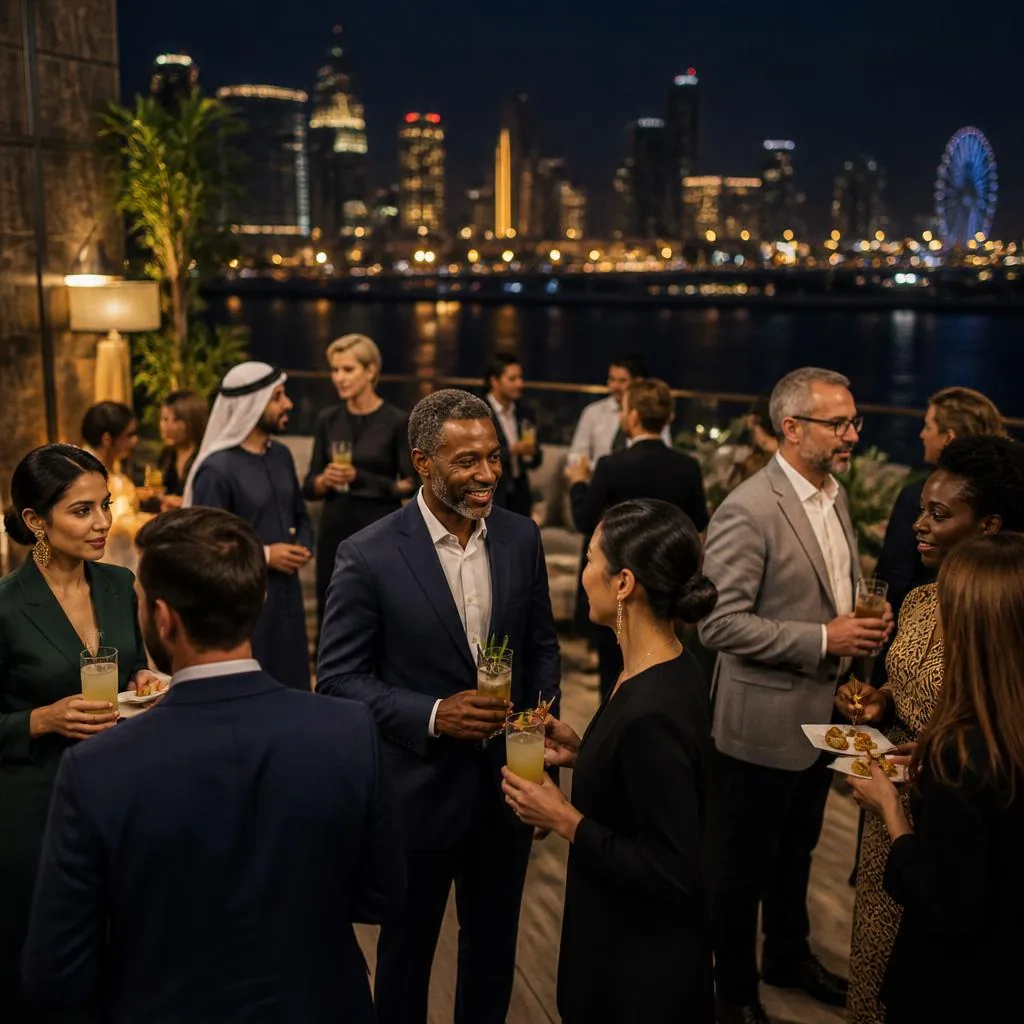 International leaders talking together at an elegant evening reception overlooking the city