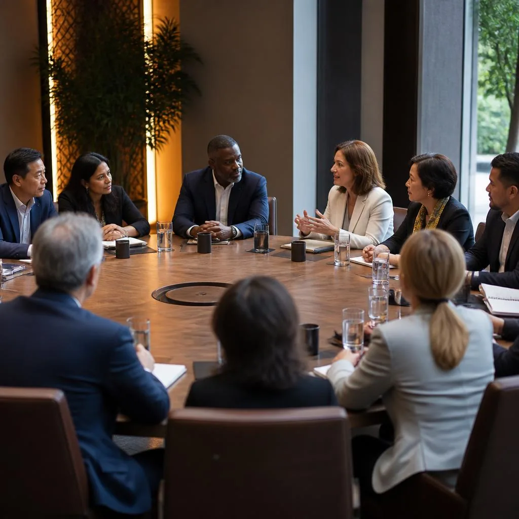 A diverse group of senior leaders in discussion around a large executive roundtable