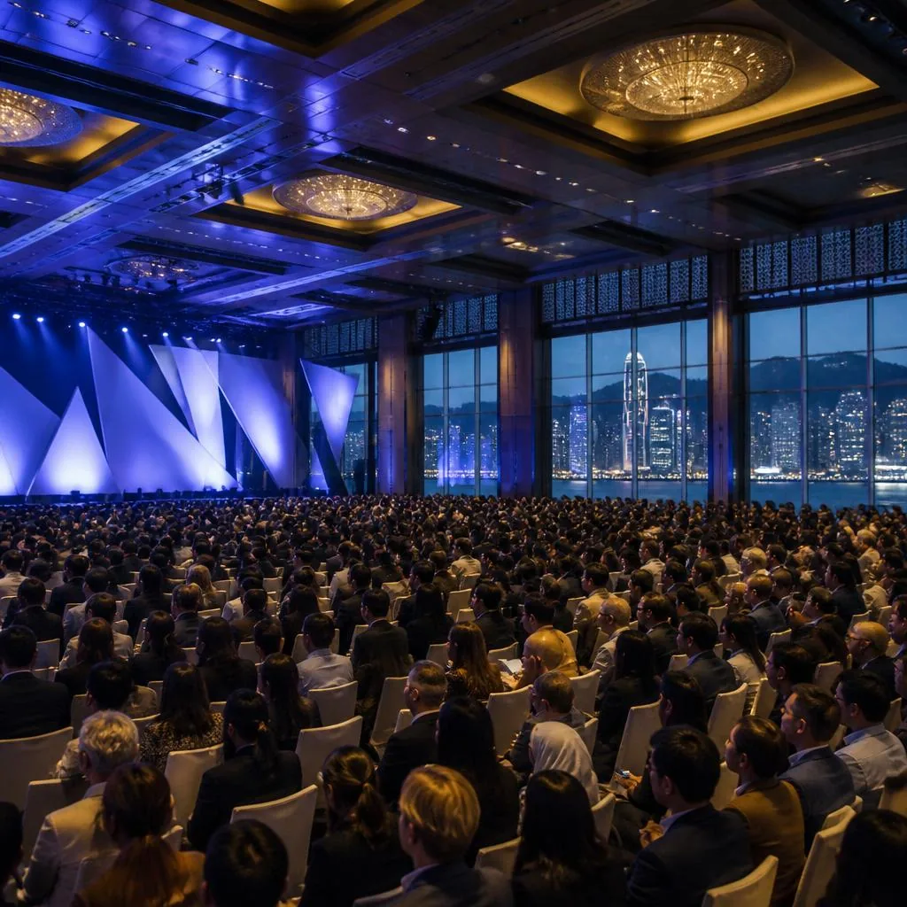 A packed grand ballroom with an international audience and an unbranded illuminated stage