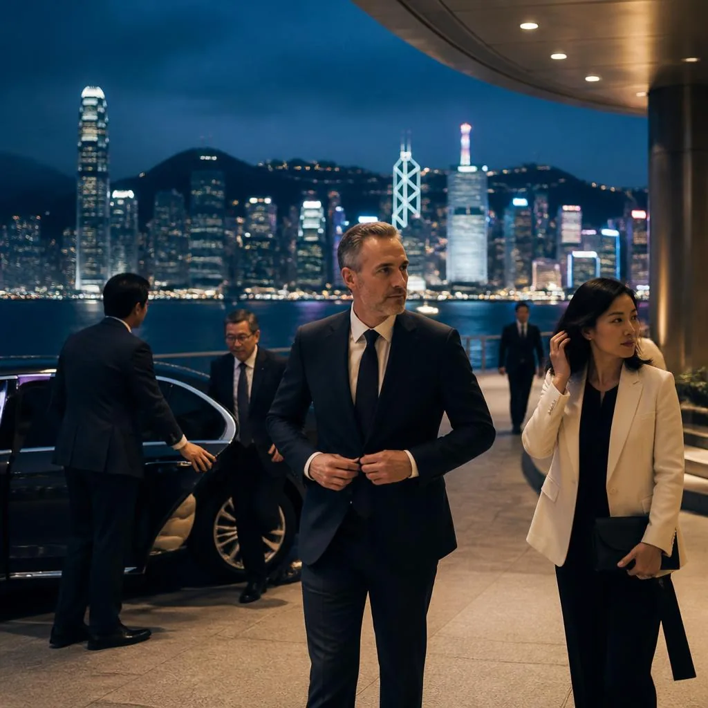International leaders arriving at a waterfront entrance with the Hong Kong skyline behind them