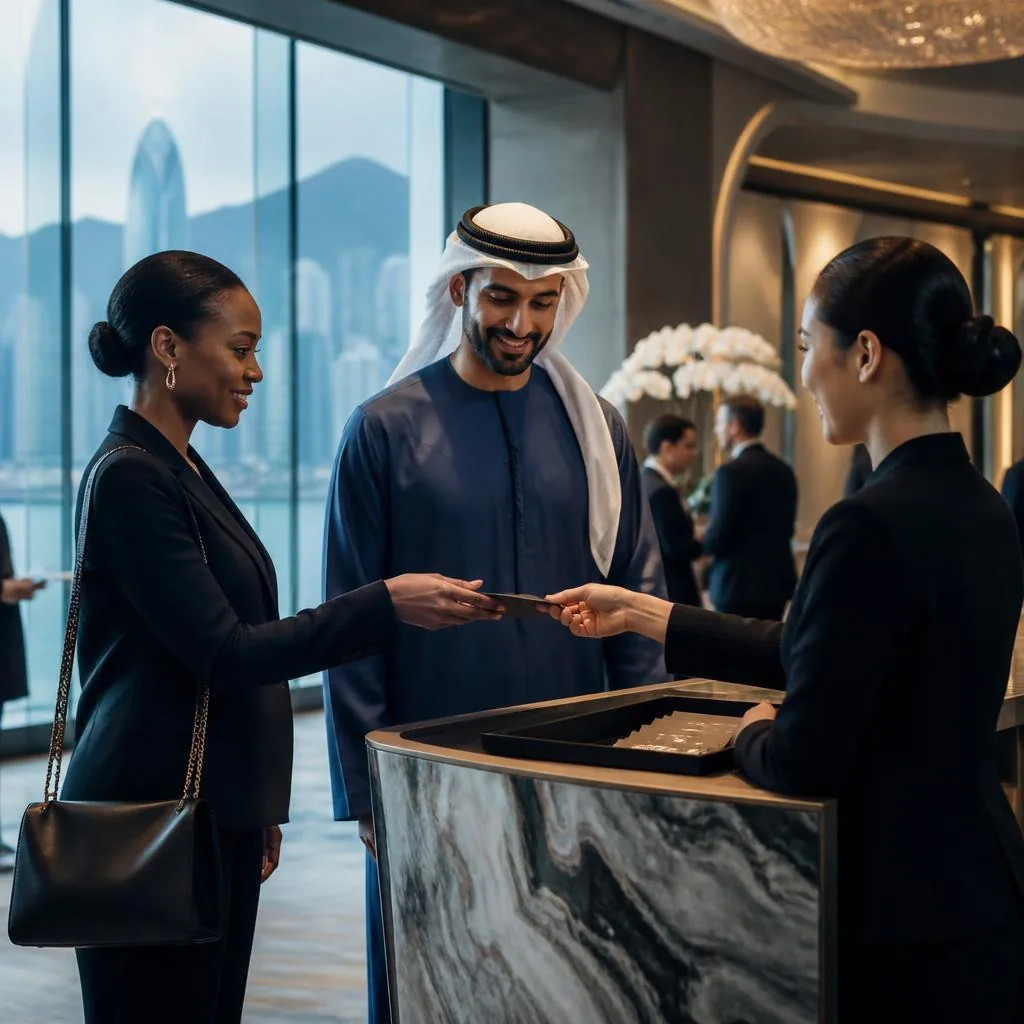 Two delegates receiving an invitation at a private registration desk overlooking the harbor