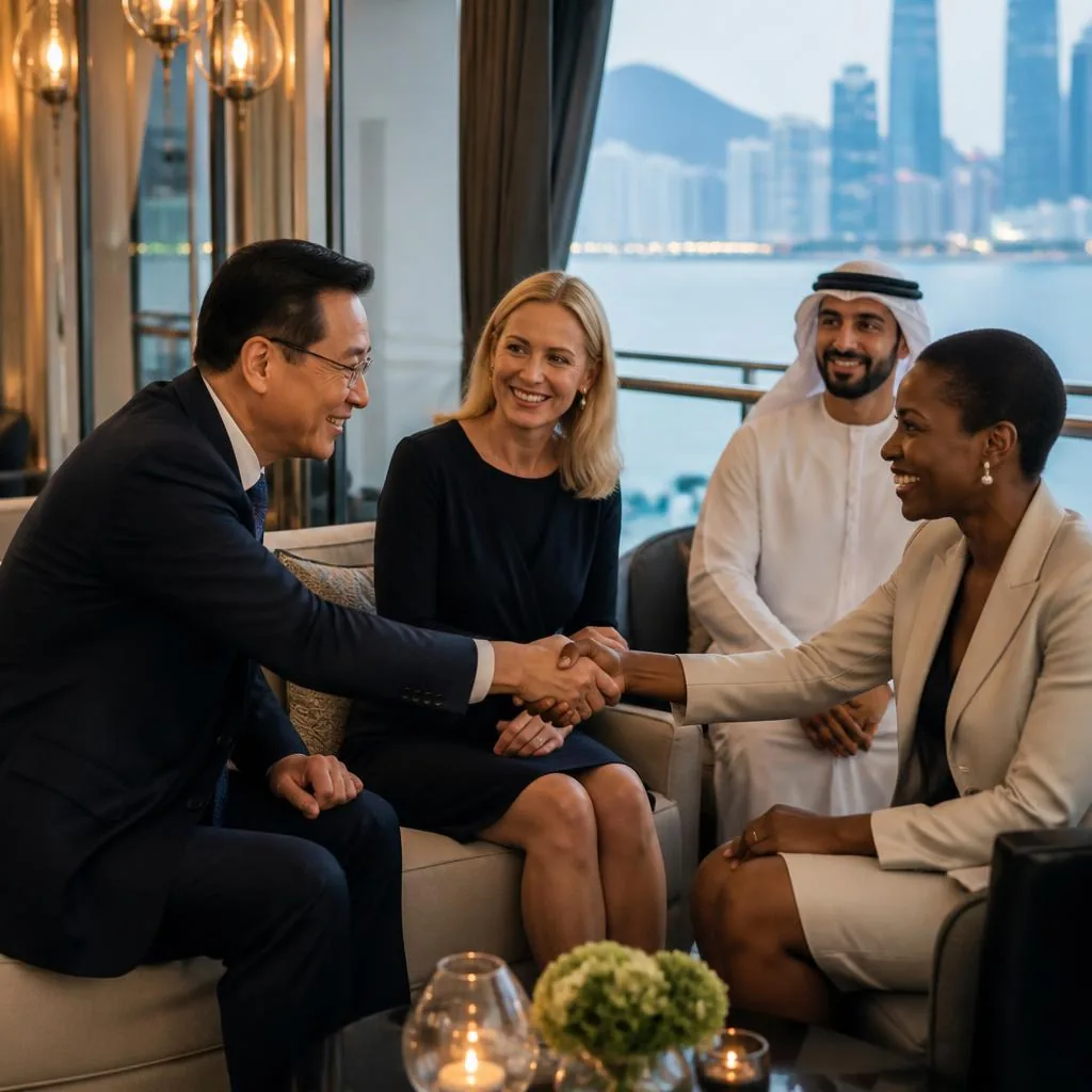 Four international leaders smiling and greeting one another in a waterfront lounge
