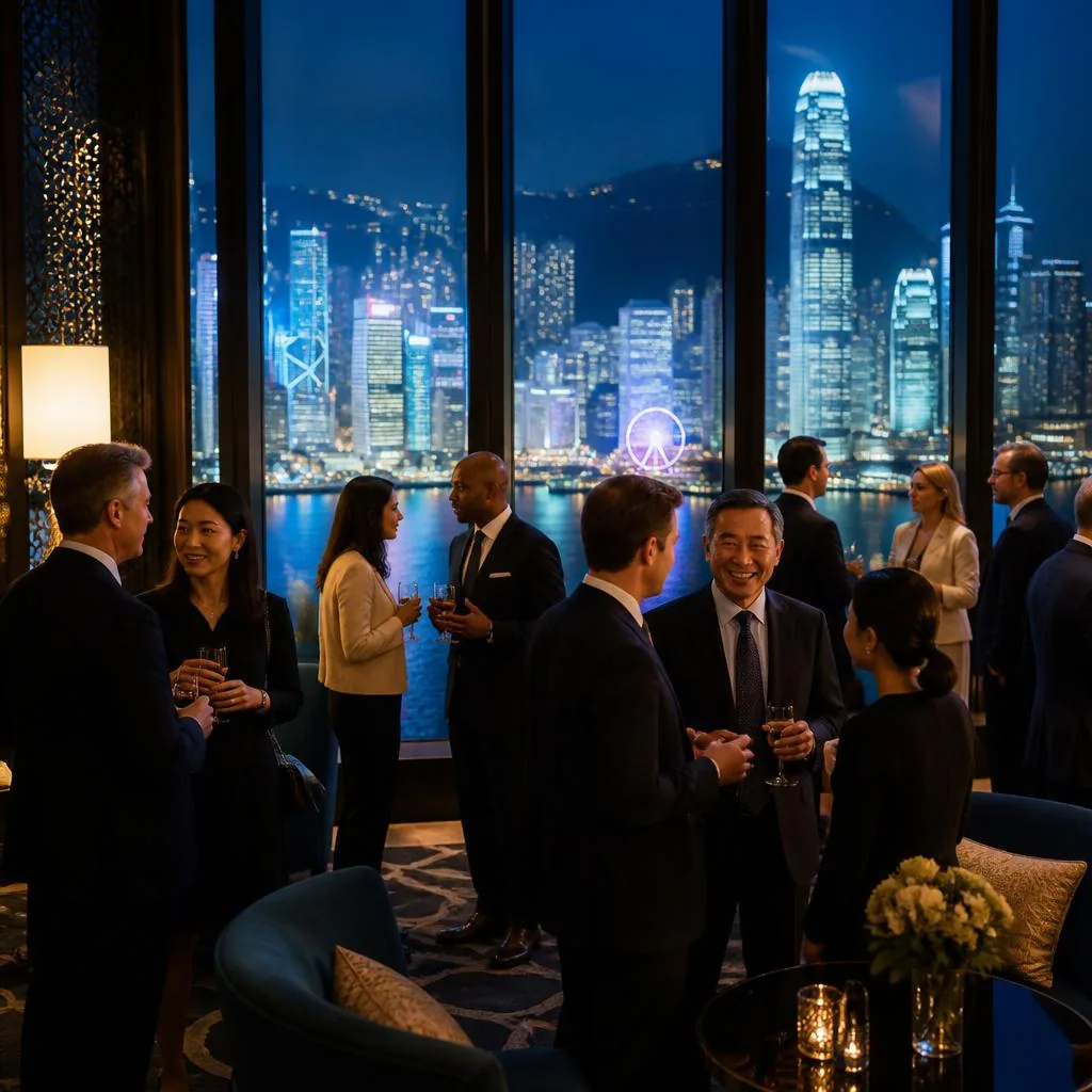 International delegates networking in an elegant evening lounge with harbor views