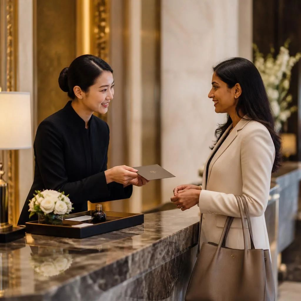 A concierge welcoming a guest with an invitation envelope at an elegant check-in desk