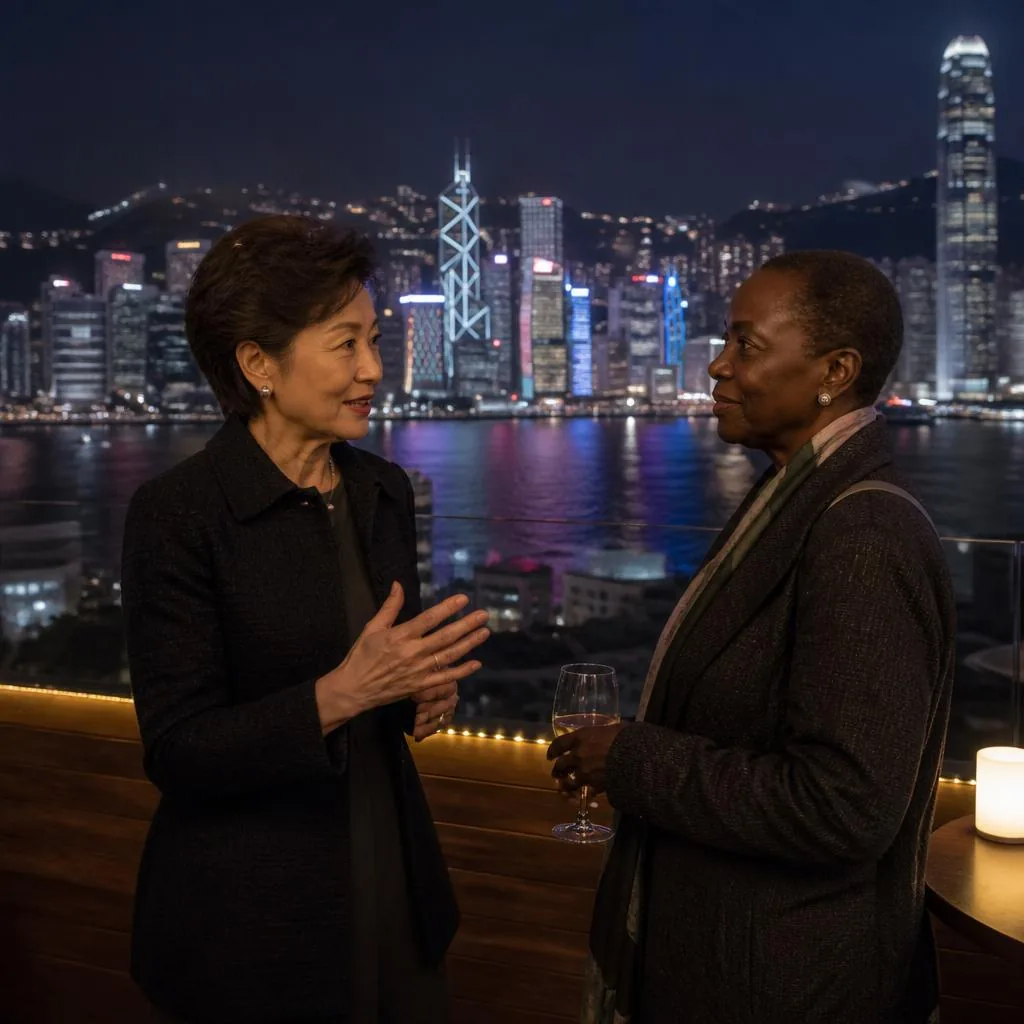 Two senior women leaders in conversation on a rooftop overlooking Hong Kong harbor at night
