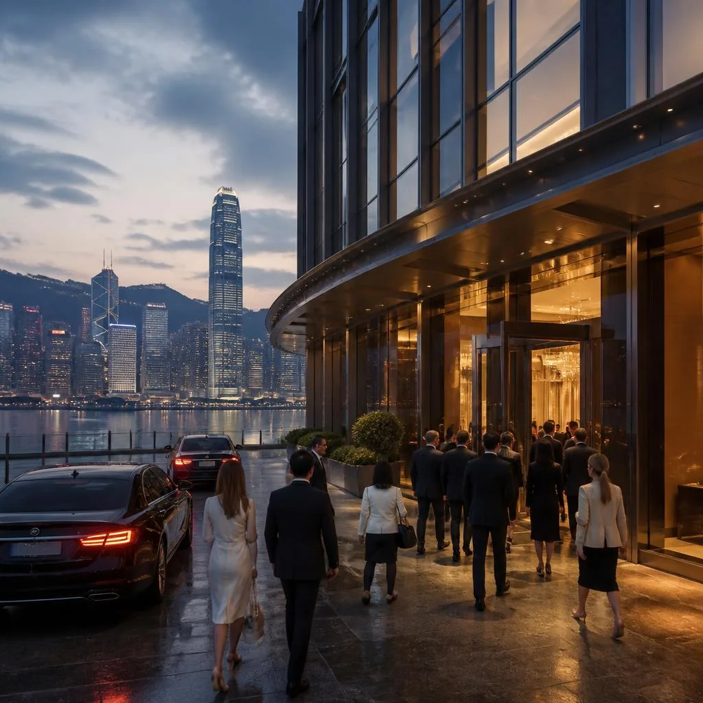 Delegates walking into an upscale waterfront venue overlooking Hong Kong at dusk