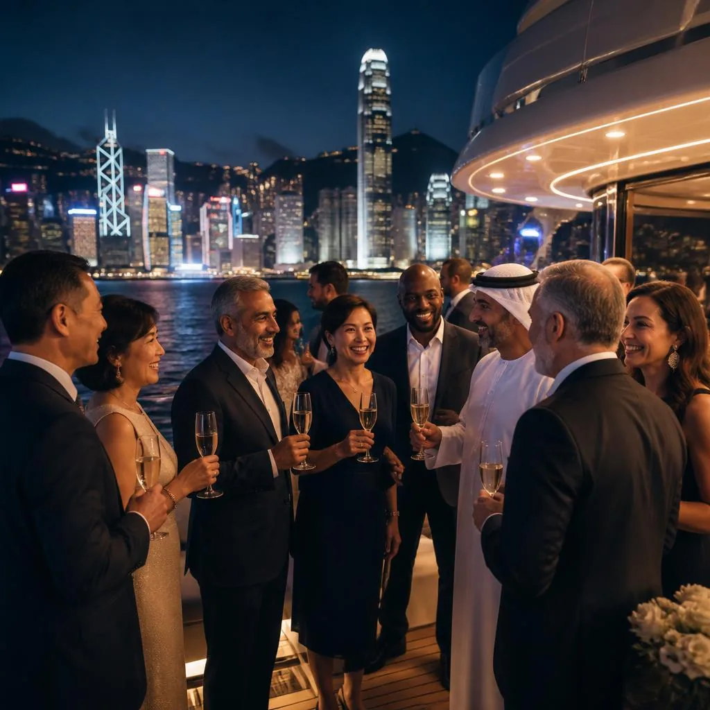 A diverse group of international leaders celebrating aboard a yacht with Hong Kong behind them